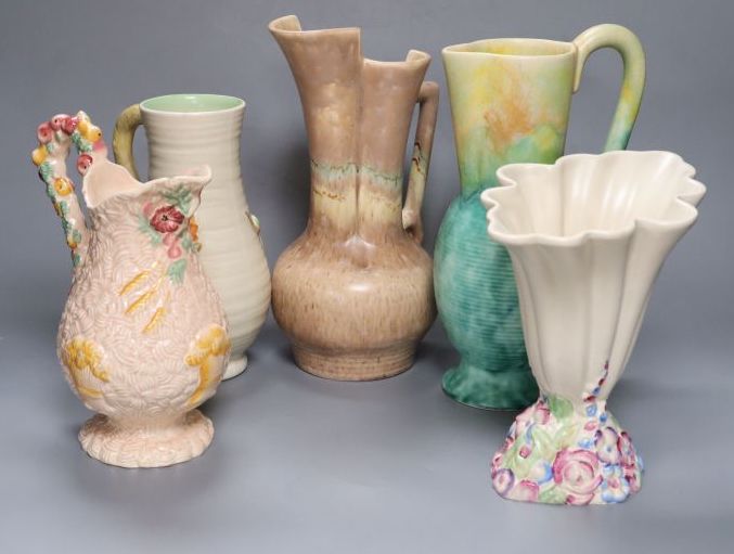 A group of post-war Clarice Cliff including a My Garden vase and jug, Water Lily bowl, 21cm wide, Celtic Harvest jug and two 1930s jugs